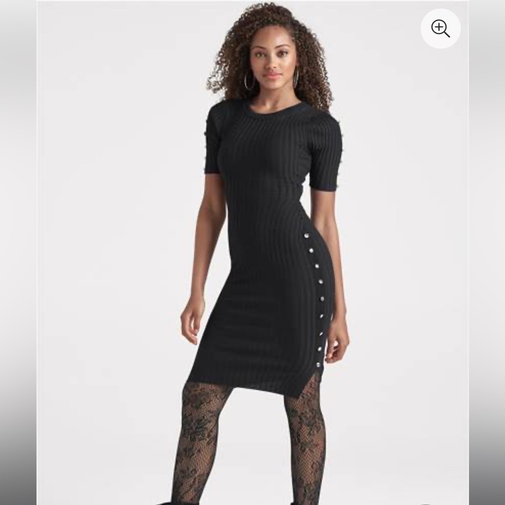 2 Venus ribbed Sweater Dresses L. Red w/gold buttons & black w/bulk buttons